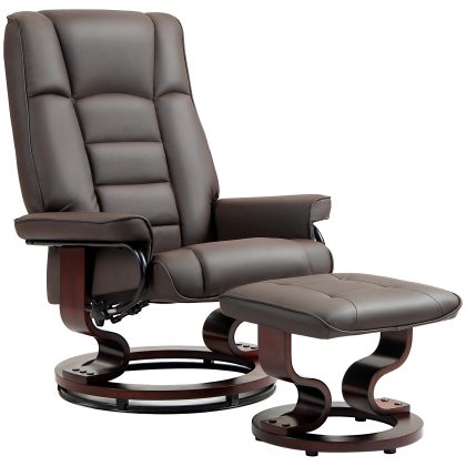 HOMCOM Relaxfauteuil met Voetenbank Draaibare Relaxstoel met Kantelbare Rugleuning en Houten Frame Comfortabel Stoel Tot 150kg Bruin | Aosom.nl