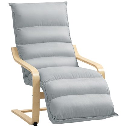HOMCOM Loungefauteuil van berkenhout, gestoffeerde stoel met verstelbare voetensteun, moderne armleunstoel, lichtgrijs