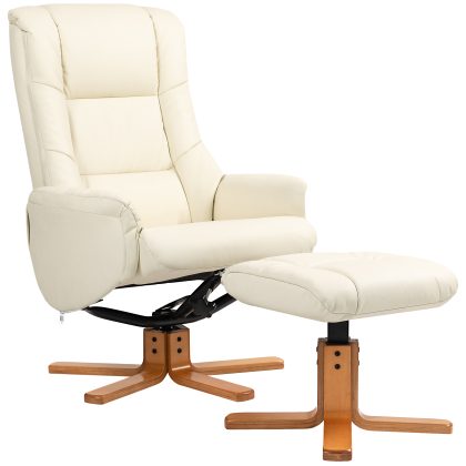 HOMCOM Relaxfauteuil met voetenbankje 135° ligfunctie luxe kunstleder 71x84x102 cm, tot 150 kg, Robuust en stabiel, crèmewit | Aosom.nl