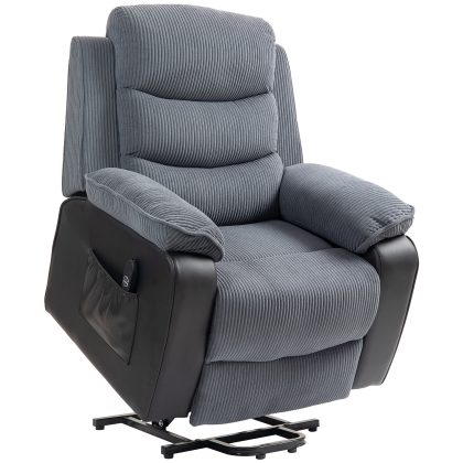 HOMCOM Opsta-fauteuil met zachte ribfluwelen bekleding, recliner-fauteuil met afstandsbediening en zijzakken, donkergrijs