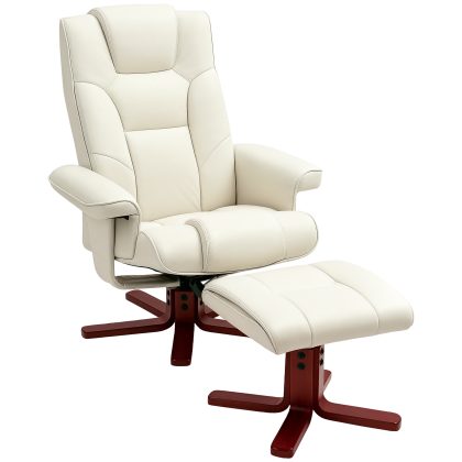HOMCOM Relaxfauteuil met hocker, lederlook, kantelbare leuning, tot 150 kg, Crèmewit