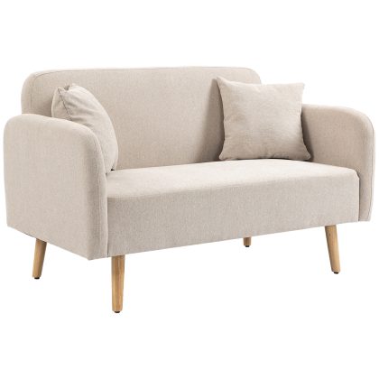 HOMCOM 2-zitsbank, modern design, inclusief 2 comfortabele kussens, stevige houten poten, 130 x 70 x 80 cm, crème | Aosom.nl