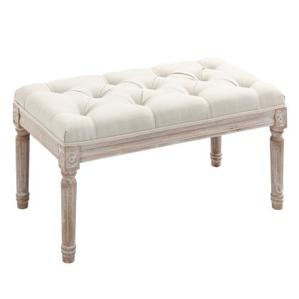 HOMCOM Gestoffeerde zitkruk, gestoffeerde bank, voetenkruk, hout en stofbekleding in linnenlook, 80L x 40B x 43H cm, Crèmewit