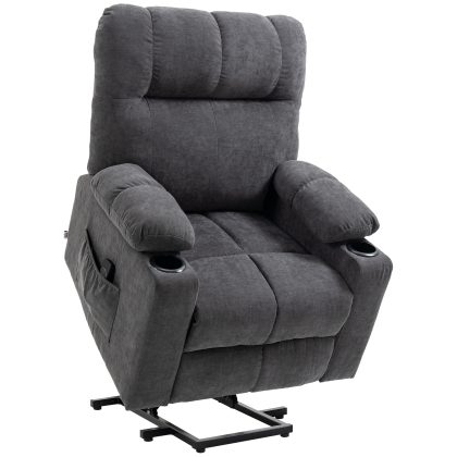 HOMCOM Opstaan Hulp Seniorenstoel Ligfunctie 8 Massagepunten Verwarming Donkergrijs 135° Kanteling 150kg Flanellen Stof | Aosom.nl