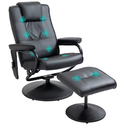 HOMCOM Bureaustoel ergonomisch met massagefunctie, relaxstoel tv-stoel stoel incl. krukje, kunstleer, zwart, 77 x 84 x 95 cm | Aosom.nl