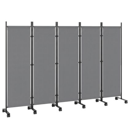 Outsunny Kamerscherm 5-delig 252 x 40 cm Vrijstaand Paravent met 12 Wielen Opvouwbaar DIY Donkergrijs