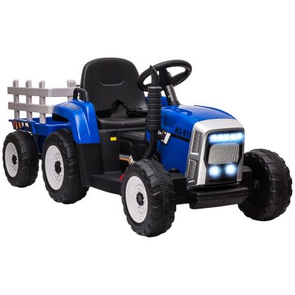 HOMCOM Elektrische Kinderauto met Aanhanger, Afstandsbediening, Lichteffecten, 3-6 km/u, voor 3-6 Jaar, Blauw
