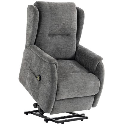 HOMCOM Elektrische relaxfauteuil met sta-op hulp voor senioren, chenille-look, met afstandsbediening en zijvakken, donkergrijs