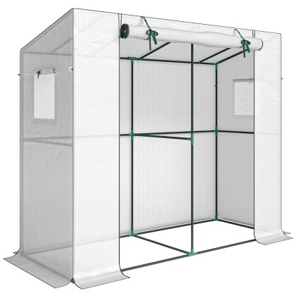 Outsunny broeikas, aanleunkas met roldeur en netramen, UV-bestendig, voor bloemen, zaailingen, planten, 200 x 76 x 170/150 cm, Wit | Aosom.nl