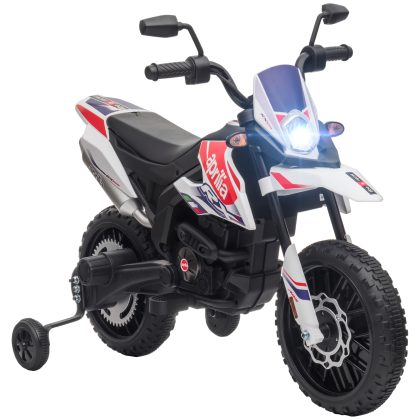 AIYAPLAY 12V kinder-motorfiets met steunwielen, LED-lichten, muziek, USB, elektrische motorfiets voor jongens en meisjes, wit