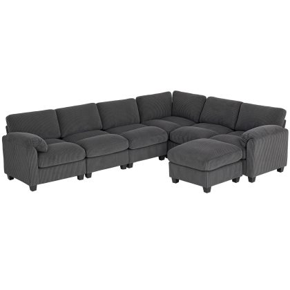HOMCOM Hoekbank U-vorm Sofa Bank met Verenkussens Gevoerde Armleuningen Verplaatsbare Ottomaan Corduroy 292x224x85 cm Donkergrijs