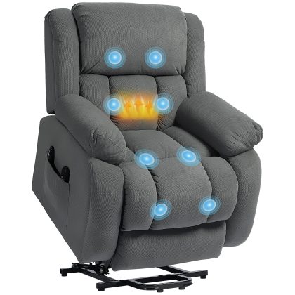 HOMCOM Relaxstoel met Massage- en Warmtefunctie, Elektrische Opsta-Stoel, Afstandsbediening, Zijvakken, Grijs