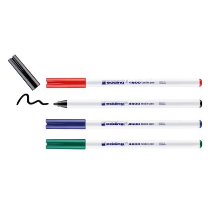 Edding 4600 textielstift - zwart, rood, blauw, groen - ronde punt 1 mm - 4 stiften - kleding versieren - textielstiften wasmachinebestendig (60°c) om op textiel te tekenen - na het strijken wasmachine