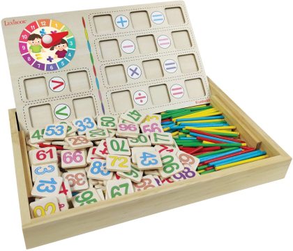 Lexibook Bio speelgoed® rekenschool - houten doos met tekenbord om wiskunde te leren met krijtjes, wisser, staafjes en 5 kaarten met tafels van vermenigvuldiging