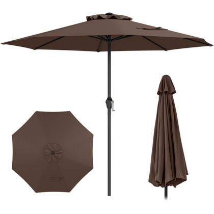 Costway 260 cm Terrasparasol Marktplaatsparasol voor Buiten met Slinger & 8 Stabiele Ribben Parasol voor Terras Tuin Zwembad Bruin