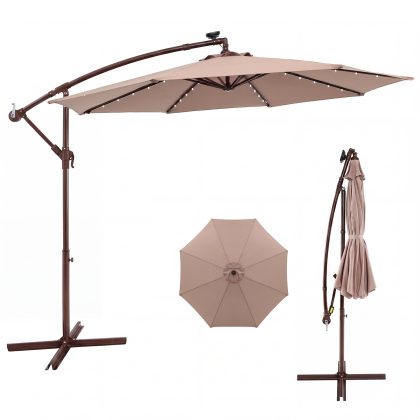 Costway 300 cm Grote Verplaatsbare Parasol met 40 Lampen & Zonnepanelen Marktparasol Verlichte Vrijstaande Parasol voor Tuin Bruin