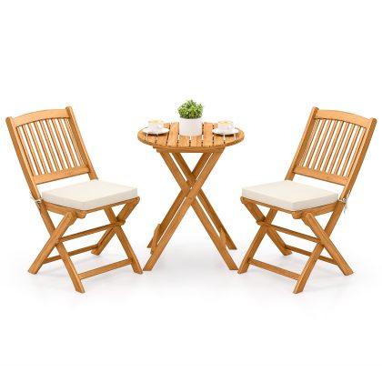 Costway 3-delige Opklapbare Bistroset van Acaciahout Tuinset met Kussens Buitenterrasmeubelset met Tafel en 2 Stoelen voor Balkon Beige
