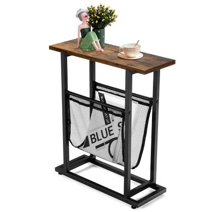 Costway Industriële Bijzettafel 2-Laags Slanke Banktafel 48 x 18 x 54,5 cm Bruin + Zwart