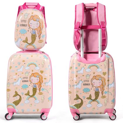 Costway 2 Stuks Kinder Dragen op Bagageset 32cm & 51cm Kinder Koffer met 4 Spinner Wielen Reis Rollende Koffer Roze