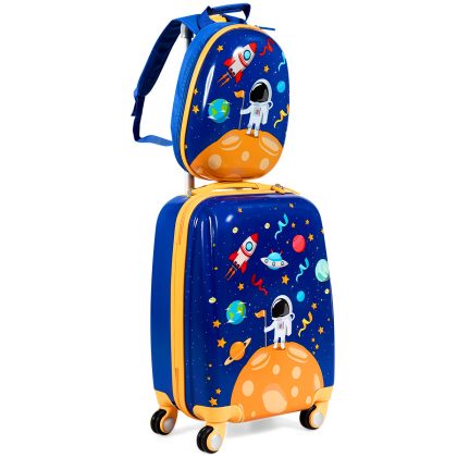 Costway 2 Stuks Kinder Bagage Set 32cm & 51cm Kinderen Hand Bagage Set met 4 Multi-Directionele Wielen Blauw