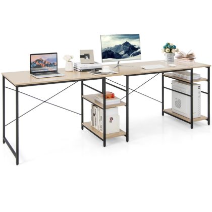 Costway Bureau L-vorm, Omkeerbaar Hoekbureau met 4 Planken, Gaming Computertafel Hoektafel voor Thuiskantoor 151 x 151 x 75 cm Natuurlijk