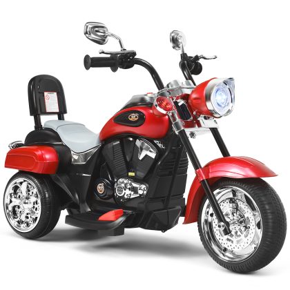 Costway 6 V Elektrische Motorfiets voor Kinderen met Verstelbare Koplamp Driewieler met Claxon Achteruitkijkspiegel Pedalen 2,5-3 km/u Rood + Zwart