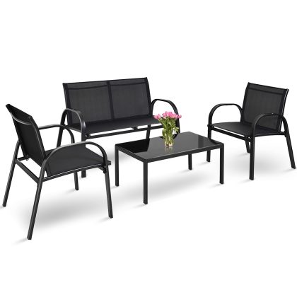 Costway 4 Stuks Patio Meubelen Set Buiten Tuin Gesprek Set Zwembad Ligstoelen met Glazen Salontafel