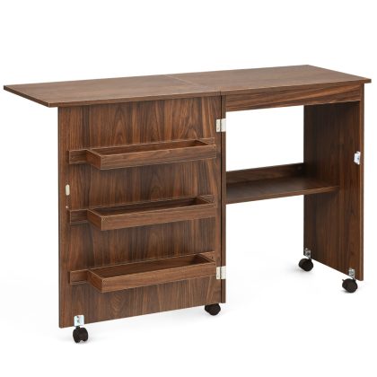 Costway Inklapbare Naaitafel Computertafel met Vergrendelbare Wielen en Opbergrekken 118,5 x 40 x 79,5cm Bruin