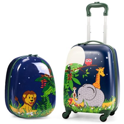 Costway 2-Delige Kinderkoffer + Rugzak Kindertrolley van Kunststof Kinderbagage Kinderkofferset Bagage voor Jongens en Meisjes Blauw