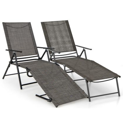 Costway Opvouwbare Ligstoelen 2-Delige Ligstoel voor Buiten 6-Voudige Rugleuning Ademende Zitstof Verstelbare Ligstoelen voor Tuin Bruin