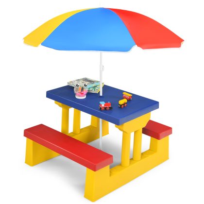 Costway Kinderzitgroep voor Buiten met Parasol Picknicktafel met Tafelblad en 2 Bankjes Kindertuinmeubelen voor Achtertuin Terras Geel