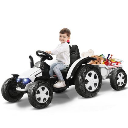 Costway Speelgoedtractor met Aanhanger voor Kinderen 12V Ride-On 151 x 68 x 70 cm Wit