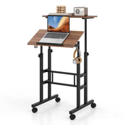 Costway Mobiele Sta-bureau in Hoogte Verstelbare Laptoptafel met Gedeeld Blad & Verstelbare Hoek Verrijdbaar Bureau voor Thuiswerken Zwart + Walnoot