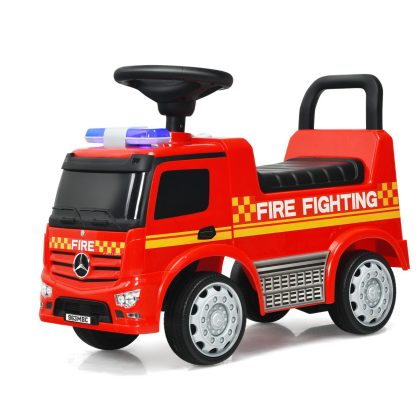 Costway Brandweerauto voor Kinderen Mercedes-Benz Scooter met Opbergruimte Stuur Rugleuning Voet-Naar-Vloer Schuif Auto voor Kleuters