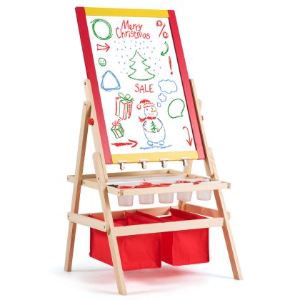 Costway 3-In-1 Kinderezel Kinderschoolbord Dubbelzijdig Whiteboard en Schoolbord 52,5x51,5x106,5 cm