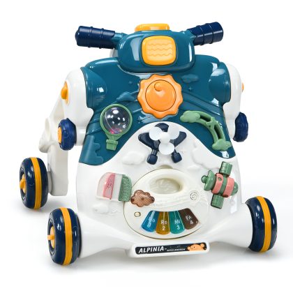 Costway 3 in 1 Loopstoeltje met Licht & Muziek Kinderwagen met Speelbord Donkerblauw