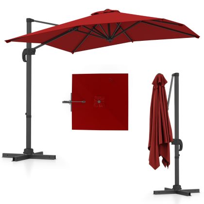 Costway Vrijhangende Parasol met Kruisvoet 360° Draaibare Zweefparasol 5-voudig Verstelbare Helling 8 Ribben & Zwengel Rood