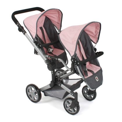 Tweeling Poppenwagen Linus Duo -Melange Antraciet Roze