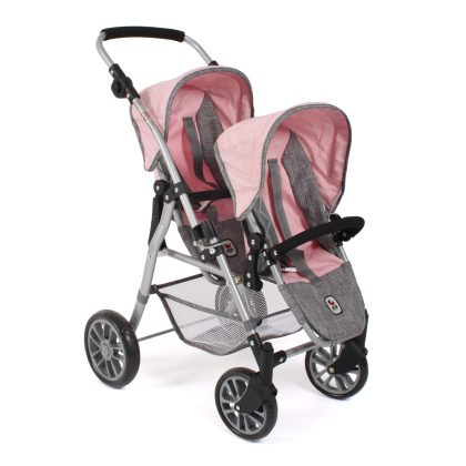 Tweeling Poppenwagen Twinny - Melange Grijs Roze