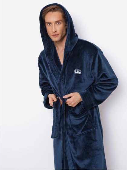 Aruelle Blauwe herenbadjas met kroonborduring borst - capuchon - fleece-s