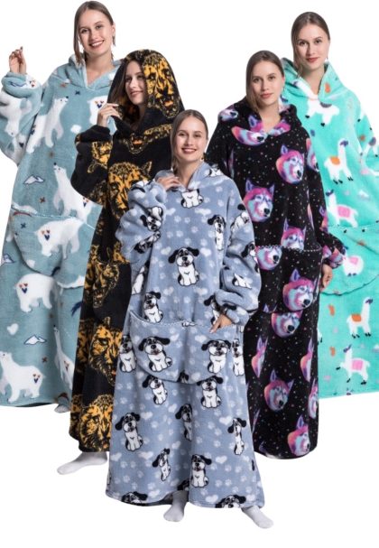 Badrock Extra lange draagbare deken met capuchon & mouwen - animalprint-katjes
