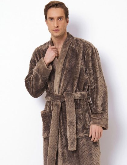 Aruelle Extra lange heren kimono van fleece - reliëf patroon - taupe -s