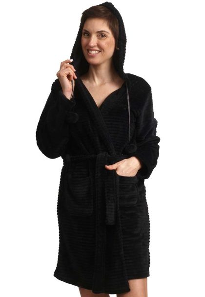Zwarte fleece badjas met capuchon - kort model-s