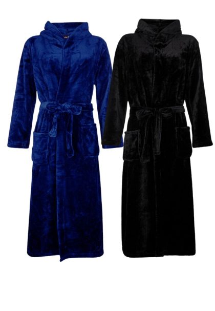 Fleece badjas capuchon borduren-zwart-s/m