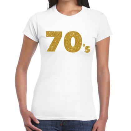 Bellatio Decorations 70's goud glitter t-shirt wit dames