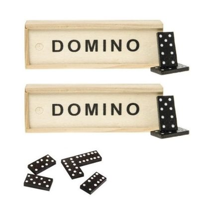 Merkloos 2x Domino spellen in houten kistje 28 steentjes
