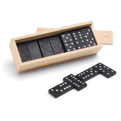 Merkloos Domino spel 84x stuks steentjes in houten kistje
