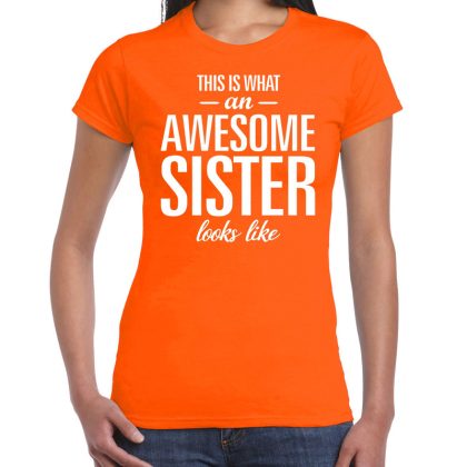 Bellatio Decorations Awesome sister tekst t-shirt oranje dames