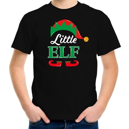 Bellatio Decorations Little elf Kerst t-shirt zwart voor kinderen