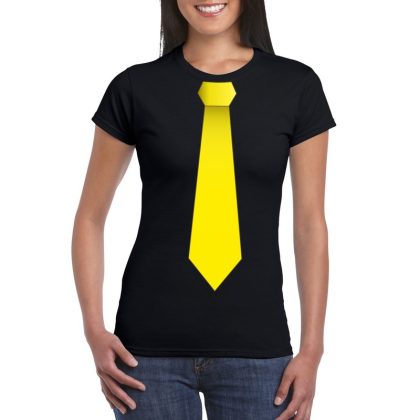Bellatio Decorations Zwart t-shirt met gele stropdas dames